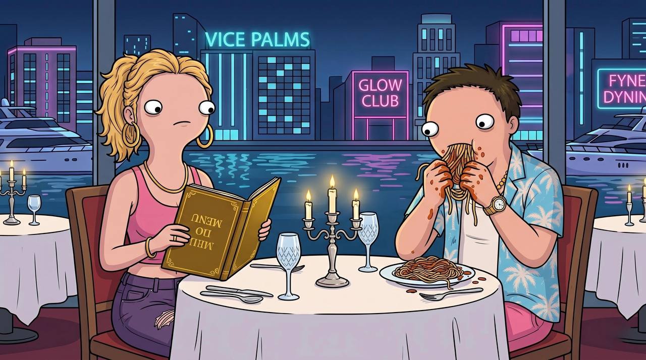 Bree and Tony at a candlelit dinner, Vice Palms skyline behind them