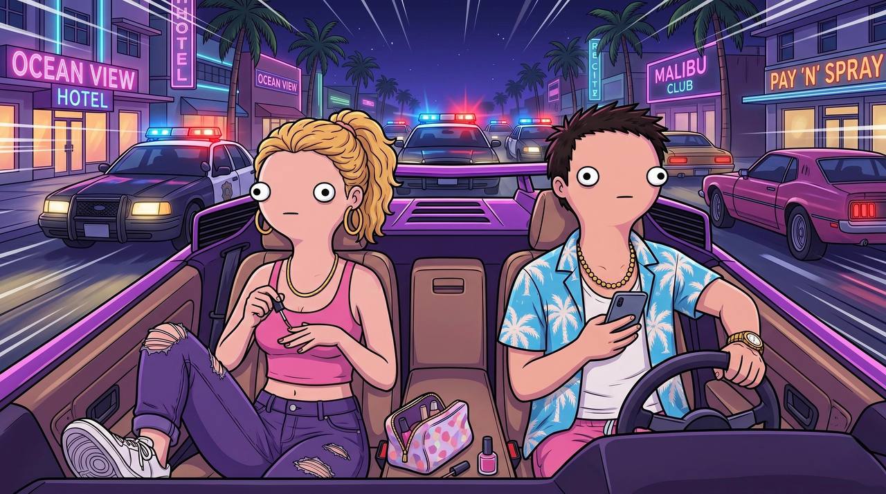Tony and Bree in a convertible getaway car at night
